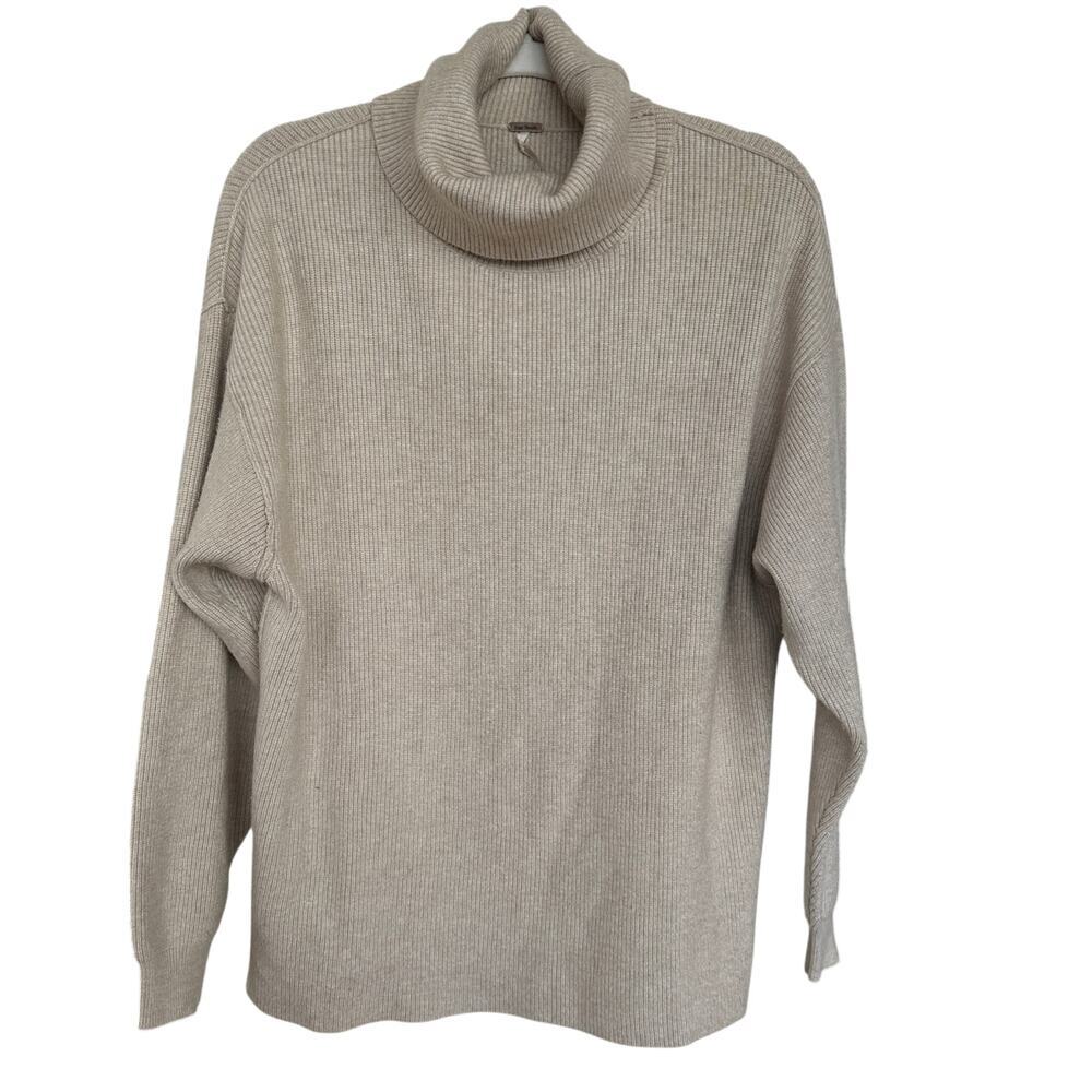 Free People Softly Structured Knit Tunic Turtleneck Slouchy Sweater, Oatmeal, XS